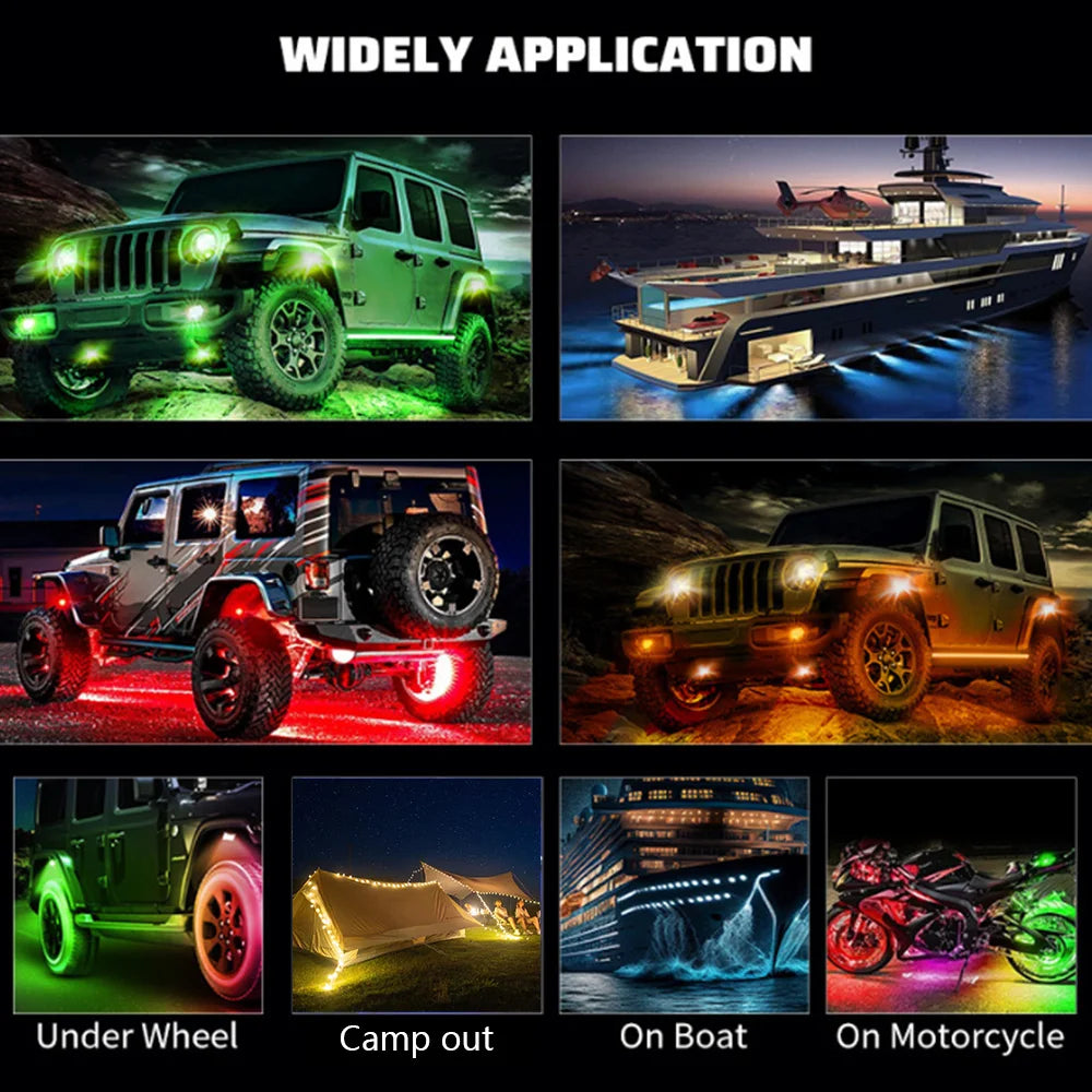 Rock Lights Remote APP Control RGB 3D Lens LED for Offroad RZR SUV ATV UTV Jeep Neon Underbody Undergolw Car Chassis Light