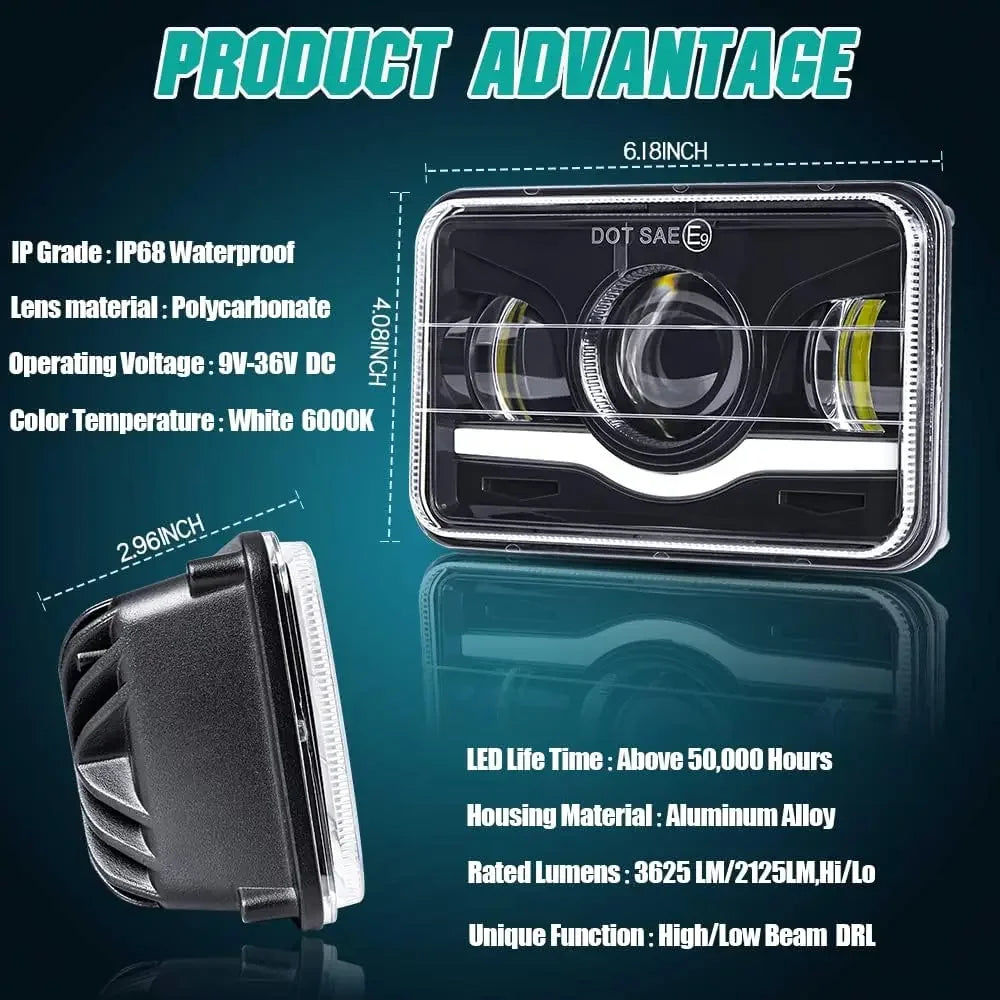 12V 24V 4x6 Inch LED H4 Headlight Led Work Light With DRL H4651 H4652 H4656 For Car Jeep Motorcycle Hond Truck Kenworth Headlamp