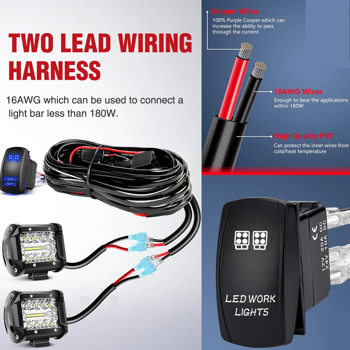 LED Light Bar Wiring Harness Kit 14AWG Heavy Duty 12V 5Pin Rocker Laser On Off Switch Power Relay Blade Fuse-without light
