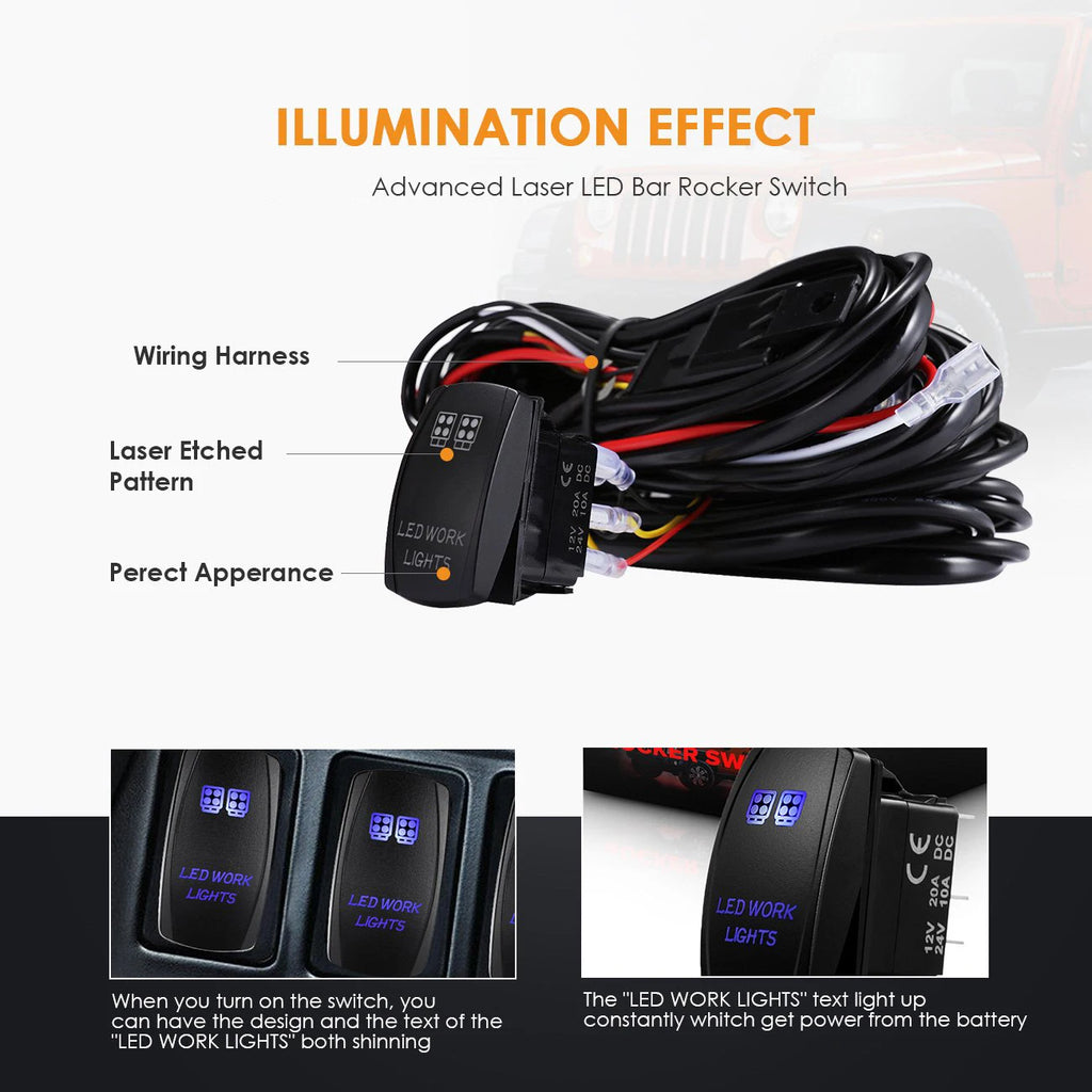 LED Light Bar Wiring Harness Kit 14AWG Heavy Duty 12V 5Pin Rocker Laser On Off Switch Power Relay Blade Fuse-without light