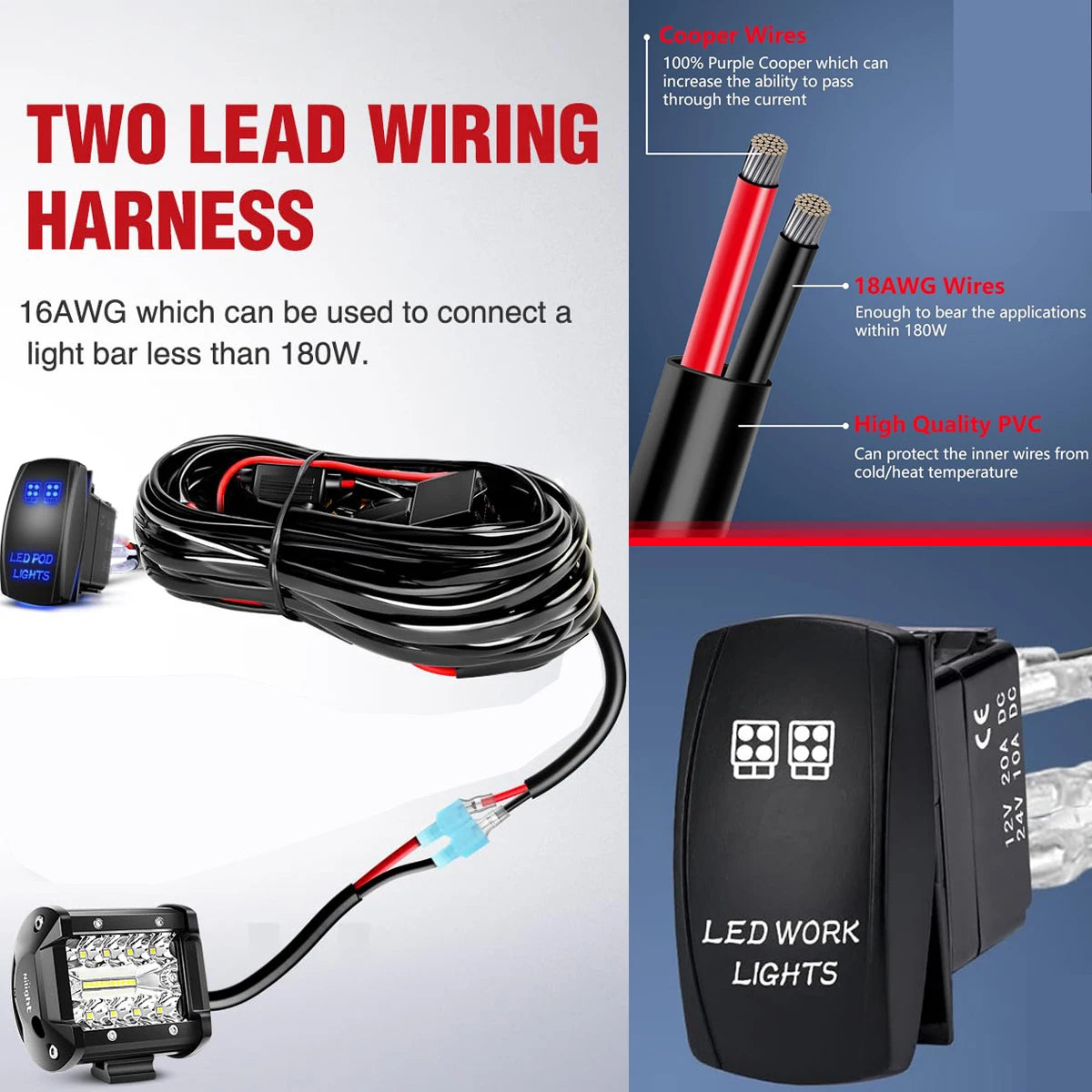 LED Light Bar Wiring Harness Kit 14AWG Heavy Duty 12V 5Pin Rocker Laser On Off Switch Power Relay Blade Fuse-without light