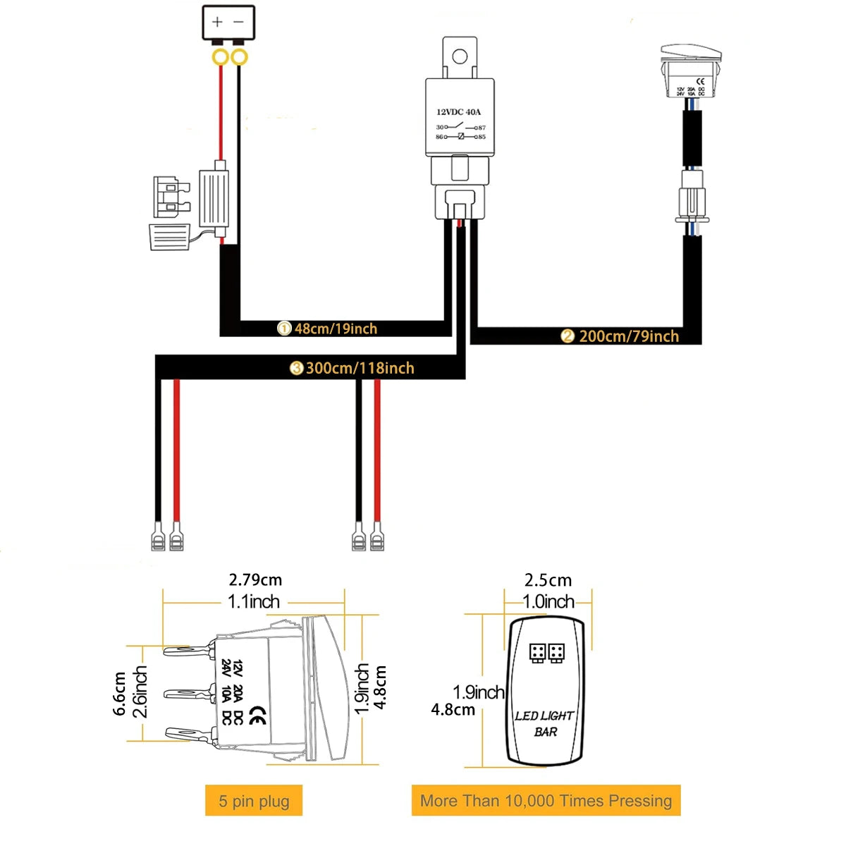 LED Light Bar Wiring Harness Kit 14AWG Heavy Duty 12V 5Pin Rocker Laser On Off Switch Power Relay Blade Fuse-without light