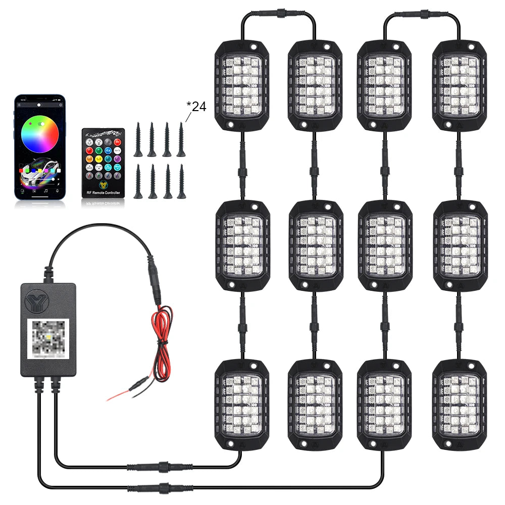 Rock Lights Remote APP Control RGB 3D Lens LED for Offroad RZR SUV ATV UTV Jeep Neon Underbody Undergolw Car Chassis Light