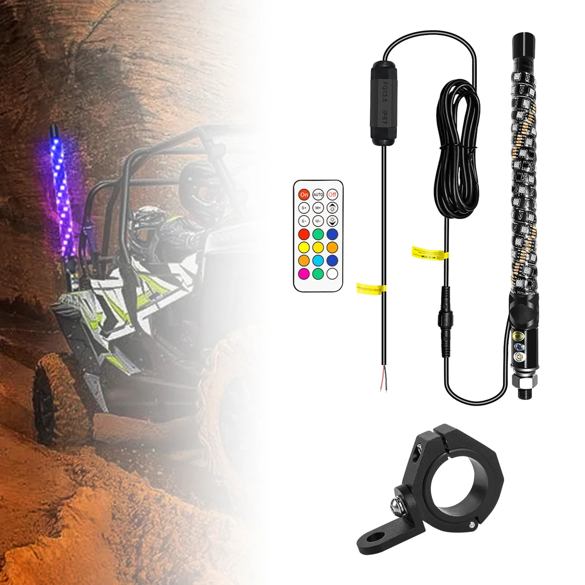 1FT LED Whip Light with APP & RF Remote Control for ATV UTV Side by Side Truck Offroad Dancing Warning Antenna Flagpole Lights