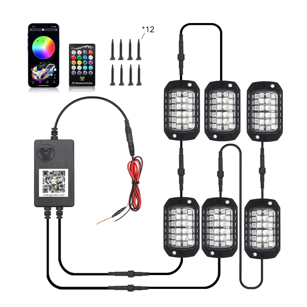 Rock Lights Remote APP Control RGB 3D Lens LED for Offroad RZR SUV ATV UTV Jeep Neon Underbody Undergolw Car Chassis Light