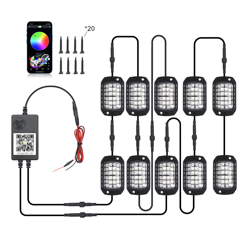 Rock Lights Remote APP Control RGB 3D Lens LED for Offroad RZR SUV ATV UTV Jeep Neon Underbody Undergolw Car Chassis Light