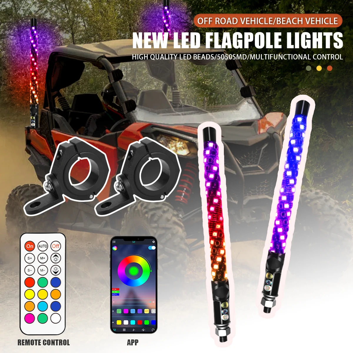 1FT LED Whip Light with APP & RF Remote Control for ATV UTV Side by Side Truck Offroad Dancing Warning Antenna Flagpole Lights