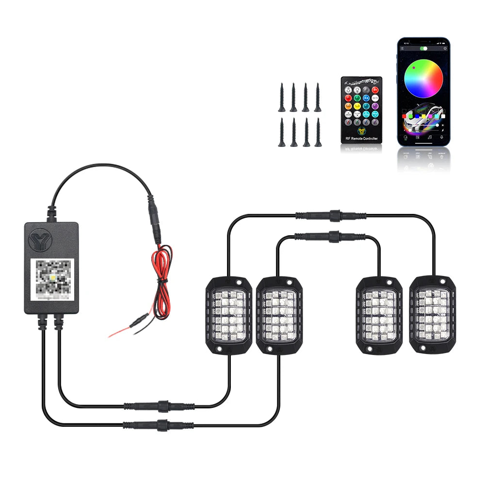 Rock Lights Remote APP Control RGB 3D Lens LED for Offroad RZR SUV ATV UTV Jeep Neon Underbody Undergolw Car Chassis Light